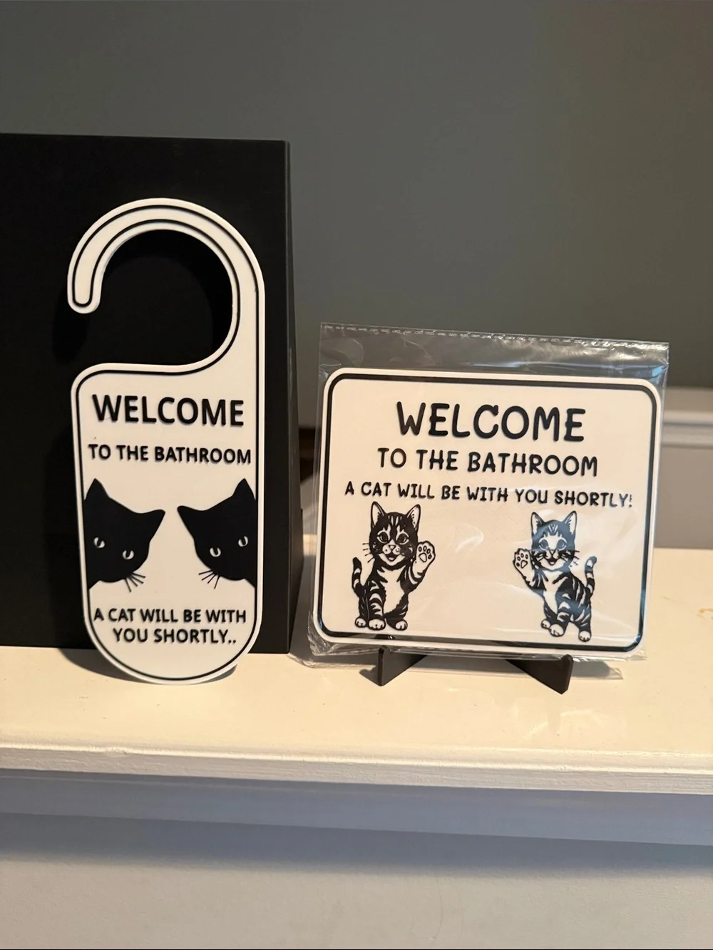Welcome to the Bathroom - Black & White Cat Door Hanger and Sign